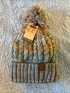 NWT C.C Women’s Multicolor Knit Pom Beanie - Gray, Pink, Yellow, Blue